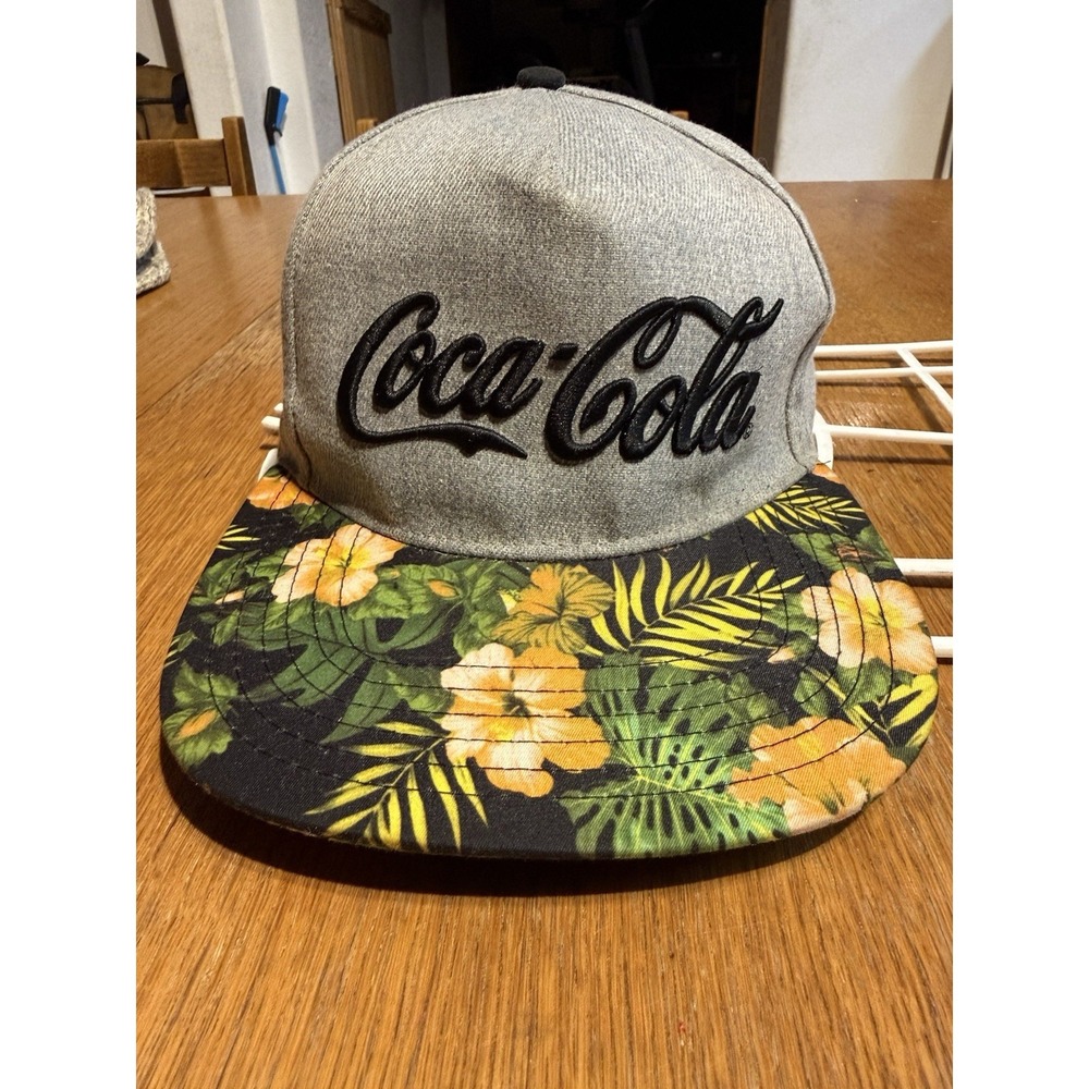 Coca-Cola Floral Brim Snapback Hat Gray‎ Heather Tropical Hawaiian Cap